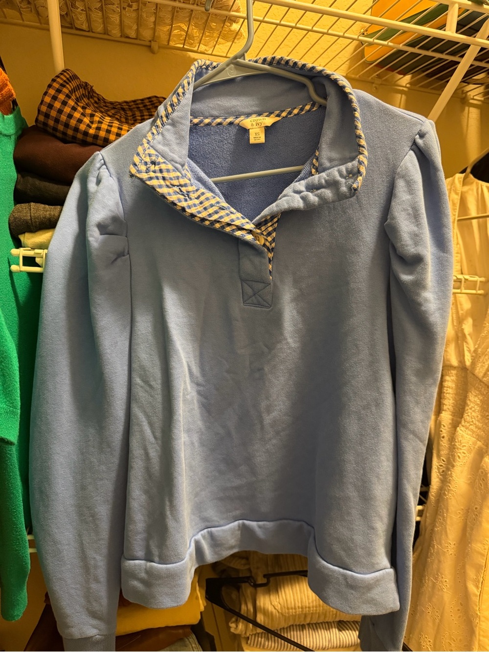 crown & ivy Light Blue Pullover Sweater with Gingham Trim